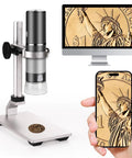 4K Digital Microscope With Metal Pro Stand, 3840x2160 Resolution USB Scope, 50X To 1000X Magnification, Compatible With iPhone Android Tablets Mac Windows Linux Chrome, showing coin detail on monitor and phone
