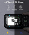 Green Beam Laser Distance Meter S50 with 2.4 inch backlit IPS display showing measurement in light and dark environments.