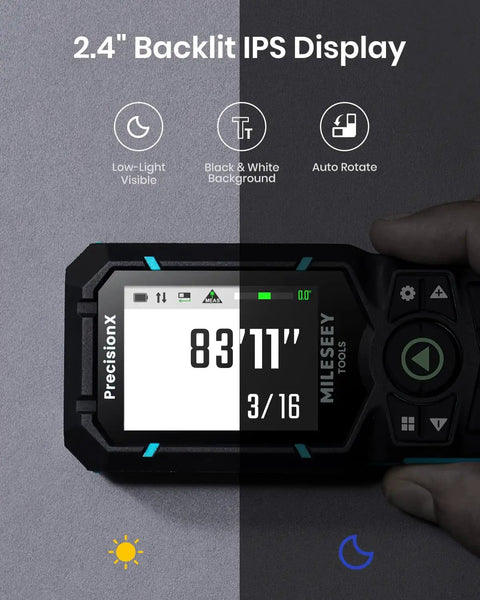 Green Beam Laser Distance Meter S50 with 2.4 inch backlit IPS display showing measurement in light and dark environments.