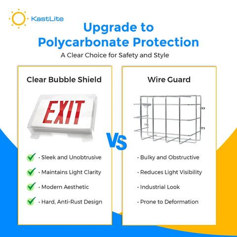 Comparison image showing Clear Polycarbonate Emergency Exit Sign Cage Guard For Lighted Signs vs Wire Guard features.