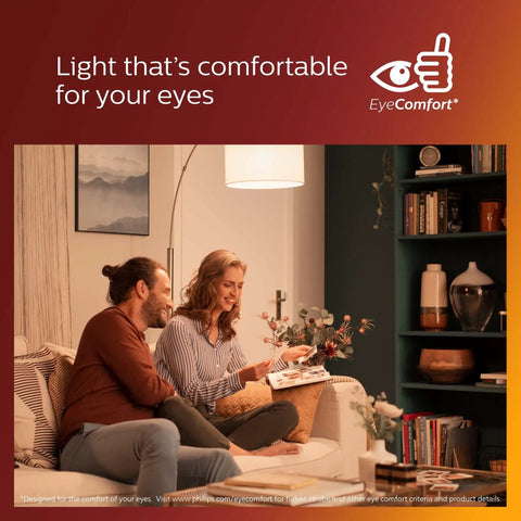 Couple reading under warm glow of Vintage G25 Amber Edison Filament LED Bulbs in cozy living room setting, EyeComfort design