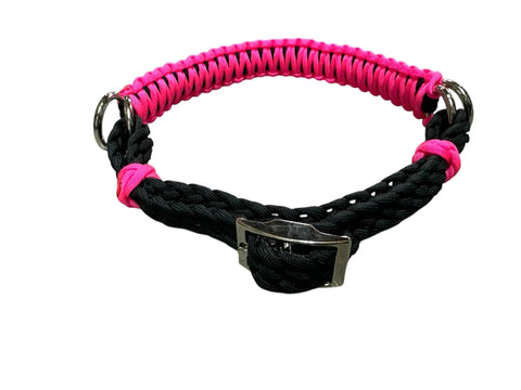 Hot Pink Side Pull Hackamore Attachment for Your Bridle with pink and black nylon paracord, fits all sizes, silver hardware