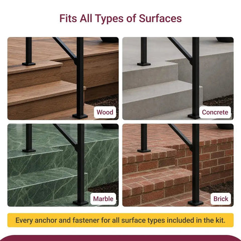 Nifty And Rock Solid Two To Three Step Stair Handrail Kit With 40 Inch Top Rail for various surface types like wood, concrete, marble, brick.