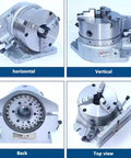 Built Legit Heavy Duty Rotary Table With Vertical And Horizontal Indexing Plate For Precision Milling Machine Featuring Six Inch Three Jaw Chuck Dividing Head for horizontal, vertical, back, and top views.