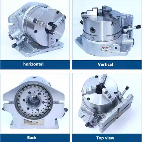 Built Legit Heavy Duty Rotary Table With Vertical And Horizontal Indexing Plate For Precision Milling Machine Featuring Six Inch Three Jaw Chuck Dividing Head for horizontal, vertical, back, and top views.