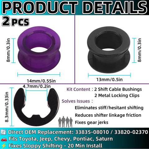 Shift Cable Bushing Repair Kit 2-Pack With Clips For OEM 33835-08010 And 33820-02370 dimensions and components image