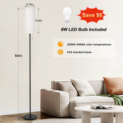 64 Inch Floor Lamp With LED Bulb, 3 Color Temperature 3000K 4000K 5000K, beige lampshade next to a sofa in a living room