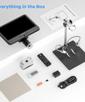 10.1 Inch LCD Digital Microscope For Coins And Soldering, 260X Magnification, Electronics Repair Camera, Coin Magnifier With Built In Lights, 12.6 Inch Adjustable Stand, 32GB Storage showing full accessory kit