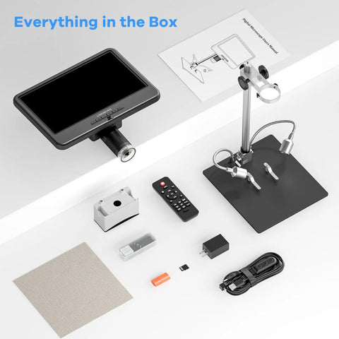 10.1 Inch LCD Digital Microscope For Coins And Soldering, 260X Magnification, Electronics Repair Camera, Coin Magnifier With Built In Lights, 12.6 Inch Adjustable Stand, 32GB Storage showing full accessory kit