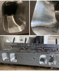 Ten Piece Long Carbide Burr Set With One Eighth Inch Shank For Dremel Die Grinder Bits Port And Grind Metal In Cast Iron Steel Aluminum Cylinder Heads Engine Intake Exhaust Manifolds In Tight Spots close-up of polished metal surface and intake ports.