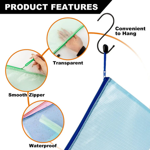 Large Mesh Zipper Pouch Bags 5 Pack Grab And Go Waterproof Clear Storage Pouches feature smooth zippers and transparency
