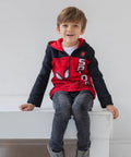 Little Boys Spider-Man Fleece Half Zip Hoodie Red And Black Size 7 Cozy Soft Hooded Sweatshirt Officially Licensed With Easy On Off Zip Ribbed Cuffs And Hood Lining Plus Screen Printed Hero Graphic For Play And School worn by child sitting on white bench
