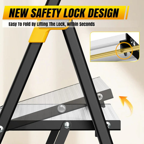 Aluminum 4 Step Folding Ladder For Home And Kitchen Portable Space Saving Step Stool With Wide Anti Slip Steps Lightweight 14 Pounds Folds To 55 By 17 By 1.8 Inches For Easy Storage And Safe Everyday Use. Safety lock close-up on aluminum folding ladder hinge