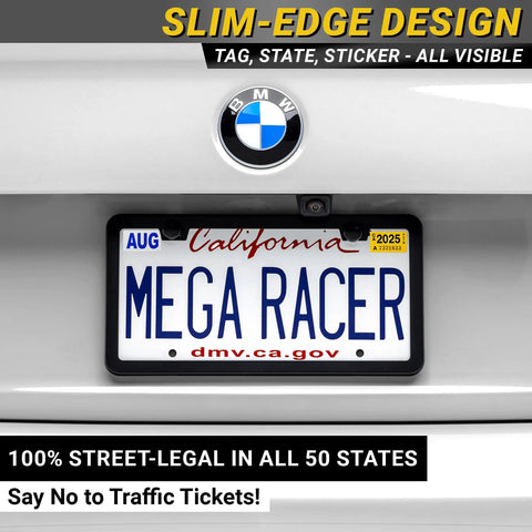 Slim Matte Black License Plate Frames 2 Pack, Rust Free Stainless Steel on a car showing street legal design and fit.