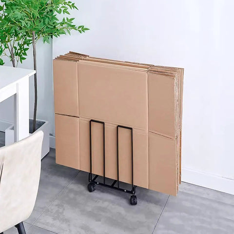 Portable Cardboard Box Storage Cart, Compact Carbon Steel Organizer Rack, Grab And Go Trolley For Cardboard Boxes, Multipurpose Packing And Moving Unit, Perfect For Factory Garage Warehouse And Home Use, Black 1 Pack, front view with cardboard boxes