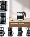 Glass 12-cup replacement coffee carafe for Mr. Coffee, with black handle and lid, shown on a kitchen counter.