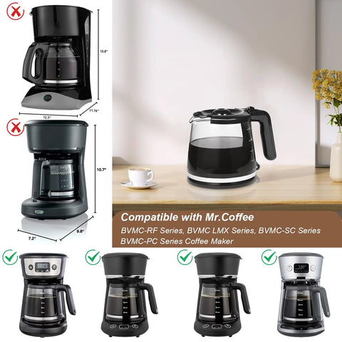 Glass 12-cup replacement coffee carafe for Mr. Coffee, with black handle and lid, shown on a kitchen counter.
