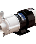 Side view of Little Giant 115V non-submersible magnetic drive pump; white front housing, black motor, mounted base.