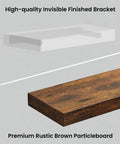 Close-up of rustic brown 15 inch floating shelves set of 4 with hidden brackets for DIY install