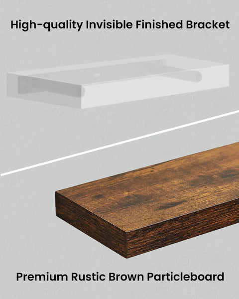 Close-up of rustic brown 15 inch floating shelves set of 4 with hidden brackets for DIY install