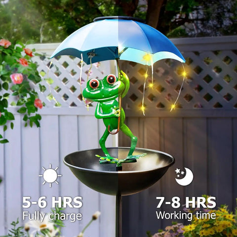 Totally Solar Frog Bird Feeder With Umbrella Garden Solar Powered Lights for yard decor, frog sculpture on bowl base