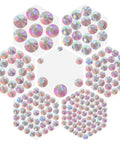 Crystal AB Flatback Hotfix Rhinestones Set 6500 Pieces in 6 Sizes SS6 SS10 SS12 SS16 SS20 SS30 organized in a hexagonal pattern.