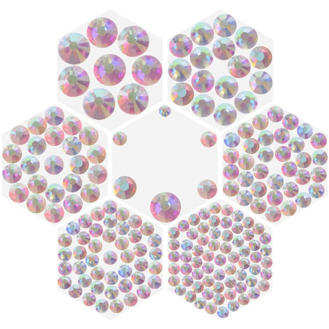 Crystal AB Flatback Hotfix Rhinestones Set 6500 Pieces in 6 Sizes SS6 SS10 SS12 SS16 SS20 SS30 organized in a hexagonal pattern.