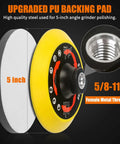 Upgraded 5 Inch Hook And Loop Backing Pad With 5/8-11 Threads For Angle Grinders Pro Grade Durable PU Interface Foam Pad Reduces Vibration Sanding Disc Attachments For Wood And Metal Polishing Grinder Buffer Accessories