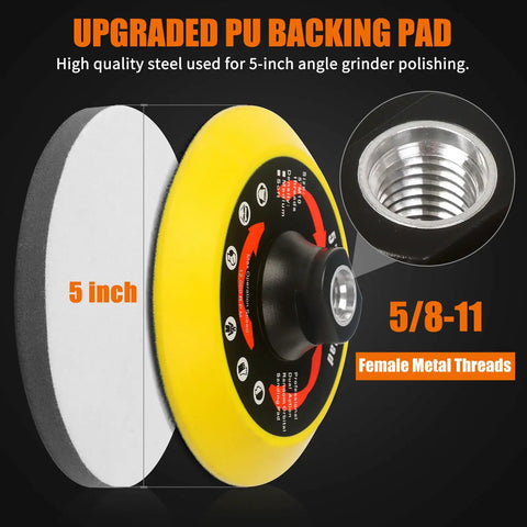 Upgraded 5 Inch Hook And Loop Backing Pad With 5/8-11 Threads For Angle Grinders Pro Grade Durable PU Interface Foam Pad Reduces Vibration Sanding Disc Attachments For Wood And Metal Polishing Grinder Buffer Accessories