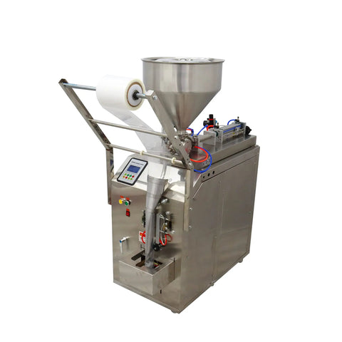 Heavy Duty Automatic Liquid And Paste Filler With Digital Controls For Hassle Free Small Batch Commercial Packaging Of Oils Vinegars Creams And Drinks 110V, side view showcasing stainless steel design and digital controls.