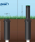Illustration of a black sprinkler head in ground showing dimensions for Effortless Yard Irrigation Kit With All In One Automatic Watering System For Lawn And Garden No Fuss Install Blu Lock Tubing Durable Sprinkler Setup That Lets You Water Plants While You're Away.