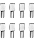 8 nickel plated 5mm spoon shape shelf support pegs displayed in rows, part of 100 Pack Nickel Plated Shelf Pins, 5mm Spoon Shape Shelf Support Pegs For Bookshelves, Cabinets, Closets And DIY Shelving Projects, Durable Zinc Alloy Construction For Strong, Stable Shelving.