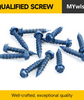 Blue slotted hex washer head screws from 30 Piece One Quarter Inch By Two And Three Quarters Inches Concrete Screws With Slotted Hex Washer Head Masonry Stucco Anchors Kit Includes Three Sixteenths Inch Drill Bit Self Tapping For Easy DIY Friendly Anchoring To Masonry Block Or Brick Stucco, scattered on white surface.