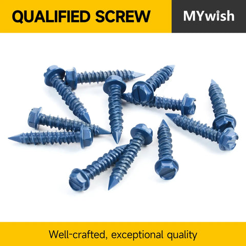 Blue slotted hex washer head screws from 30 Piece One Quarter Inch By Two And Three Quarters Inches Concrete Screws With Slotted Hex Washer Head Masonry Stucco Anchors Kit Includes Three Sixteenths Inch Drill Bit Self Tapping For Easy DIY Friendly Anchoring To Masonry Block Or Brick Stucco, scattered on white surface.