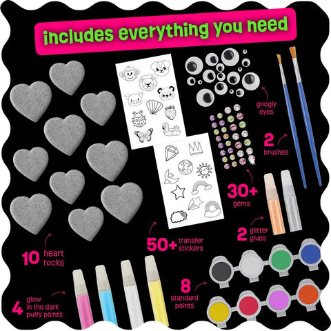 Glow In The Dark Heart Rock Painting Kit For Kids Ages 4 To 12, STEM Craft Set With Puffy Paint Stickers Gems And Paints contents