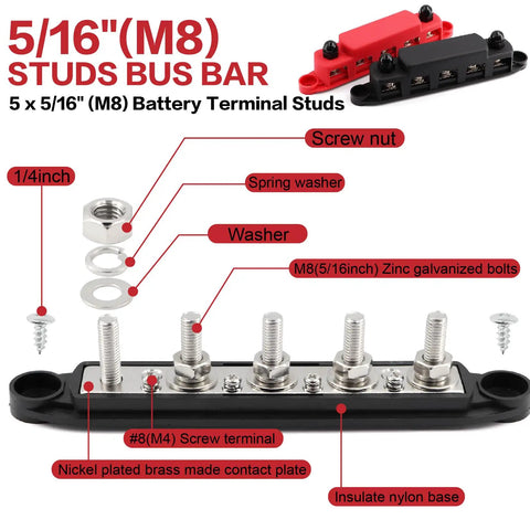 Beast Grade 300A M8 Bus Bar With 12V To 48V Battery Terminal Power Distribution Block featuring M8 studs and washers.