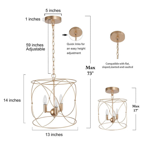 Gold Pendant Light With Cylindrical Lattice Cage Frame And Spherical Center Three Gold Candelabra Arms Bold Modern Farmhouse Vibe