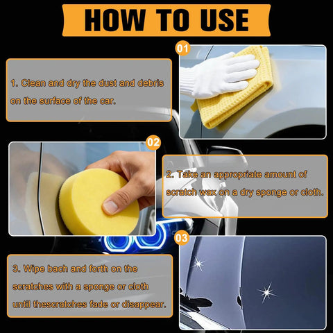 Steps showing usage of 2 Pack Car Scratch Repair Kit With Paste And Wipe Sponge, Quick Car Scratch Remover For Dings And Scratches, DIY Auto Body Fix.