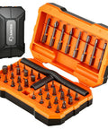 42 In 1 Magnetic Screwdriver Kit With Ratchet T Handle And Full Multi Bit Set For Home Computer Bicycle Furniture And DIY Projects Dark Orange case open showing bits