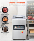 Front view of VEVOR chamber vacuum sealer with LED screen and stainless steel body in a kitchen