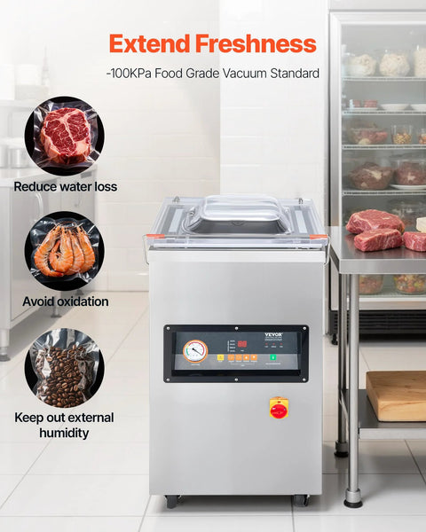 Front view of VEVOR chamber vacuum sealer with LED screen and stainless steel body in a kitchen