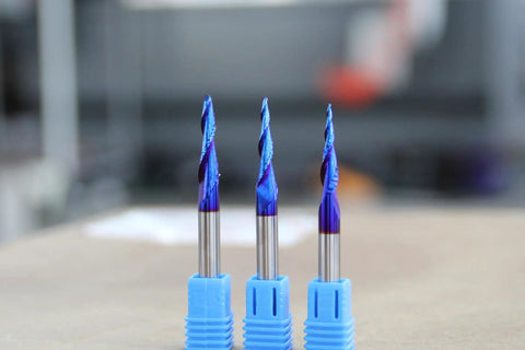 Three Pack Tapered Ball Nose Router Bits One Eighth One Sixteenth One Thirty Second Inch Cutting Diameter One Quarter Inch Shank Sweet Nano Blue