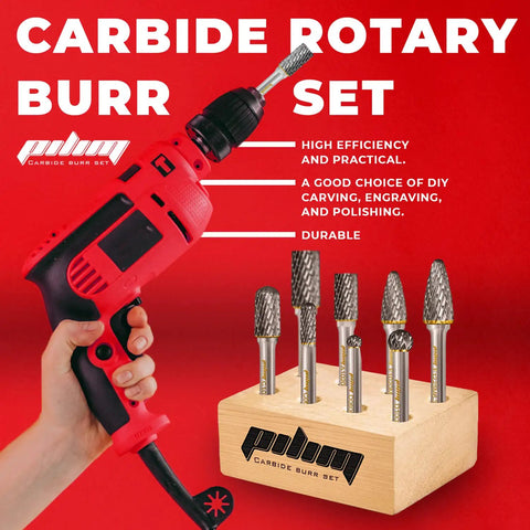 Tungsten Carbide Burr Set with One Quarter Inch Shank Eight Piece Double Cut Rotary Burrs for Die Grinders displayed with a tool