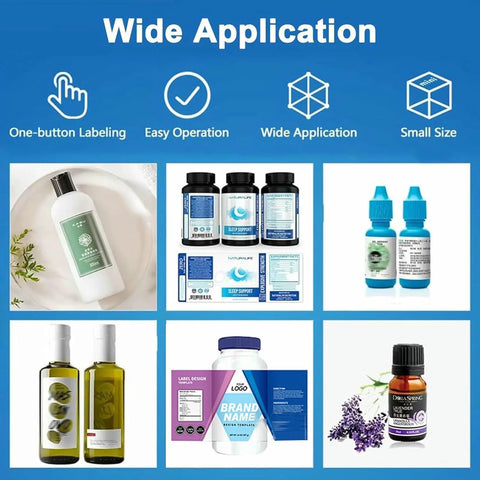 No Sweat Manual Labeling Machine And Label Applicator For Round Glass Plastic Bottles Smart Sensor with various labeled products.