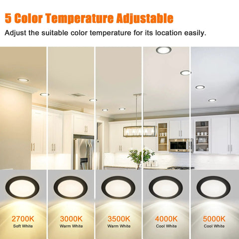 Lit Six Inch Canless Recessed Lighting Kit With 5CCT Adjustable showcasing color temperatures from 2700K to 5000K in a kitchen setting.