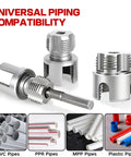 Heavy Duty PVC Pipe Threader Kit With Tapping Tool For 1/2, 3/4 And 1 Inch Pipes featuring silver threading heads for universal piping compatibility.