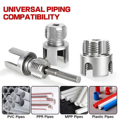 Heavy Duty PVC Pipe Threader Kit With Tapping Tool For 1/2, 3/4 And 1 Inch Pipes featuring silver threading heads for universal piping compatibility.