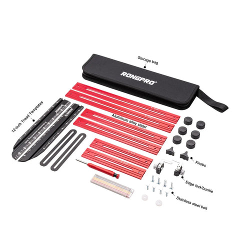 Pro Grade Built Tough Stair Tread Template Tool And Gauge Set For Stairs And Risers, Diy Drywall Cutting And Layout Scribe, Perfect For Partitions And Shelf Installations, Durable Aluminum Jig With CNC Anodized Finish, Red shown with storage bag, rods, knobs, and accessories.