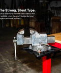 Roto-Mount 360 Degree Rotating Bench Mount with vise attached on workbench, featuring quick-release tool system and lockdown solid