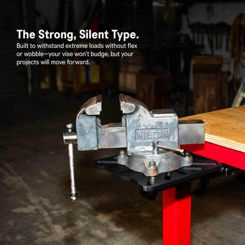 Roto-Mount 360 Degree Rotating Bench Mount with vise attached on workbench, featuring quick-release tool system and lockdown solid